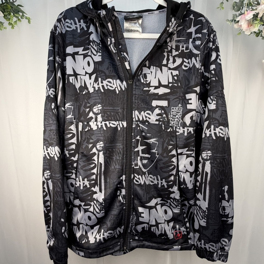 AND1 Mens Graffiti Print Full Zip Basketball Hoodie Jacket Black Grey White M